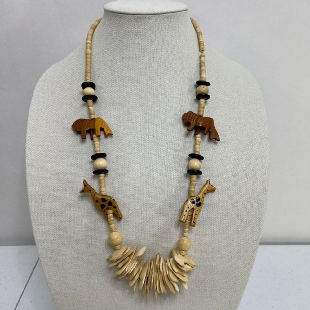 Vintage Wood Safari Giraffe Tiger Necklace Multiple Beaded‎ Chunky Ethnic Tribal